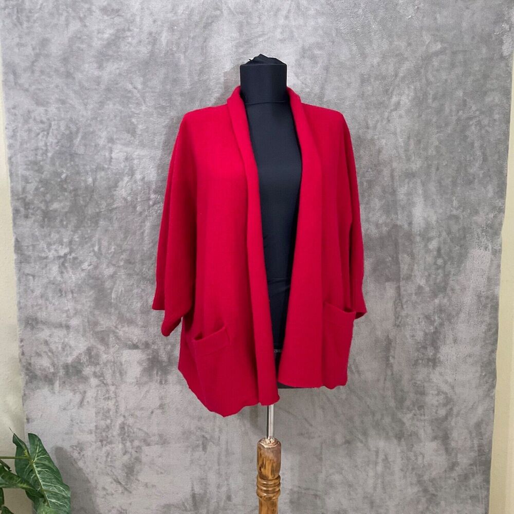 Chico's 100% Wool Knit Open Front Cardigan Sweater women’s size XL Red w Pockets